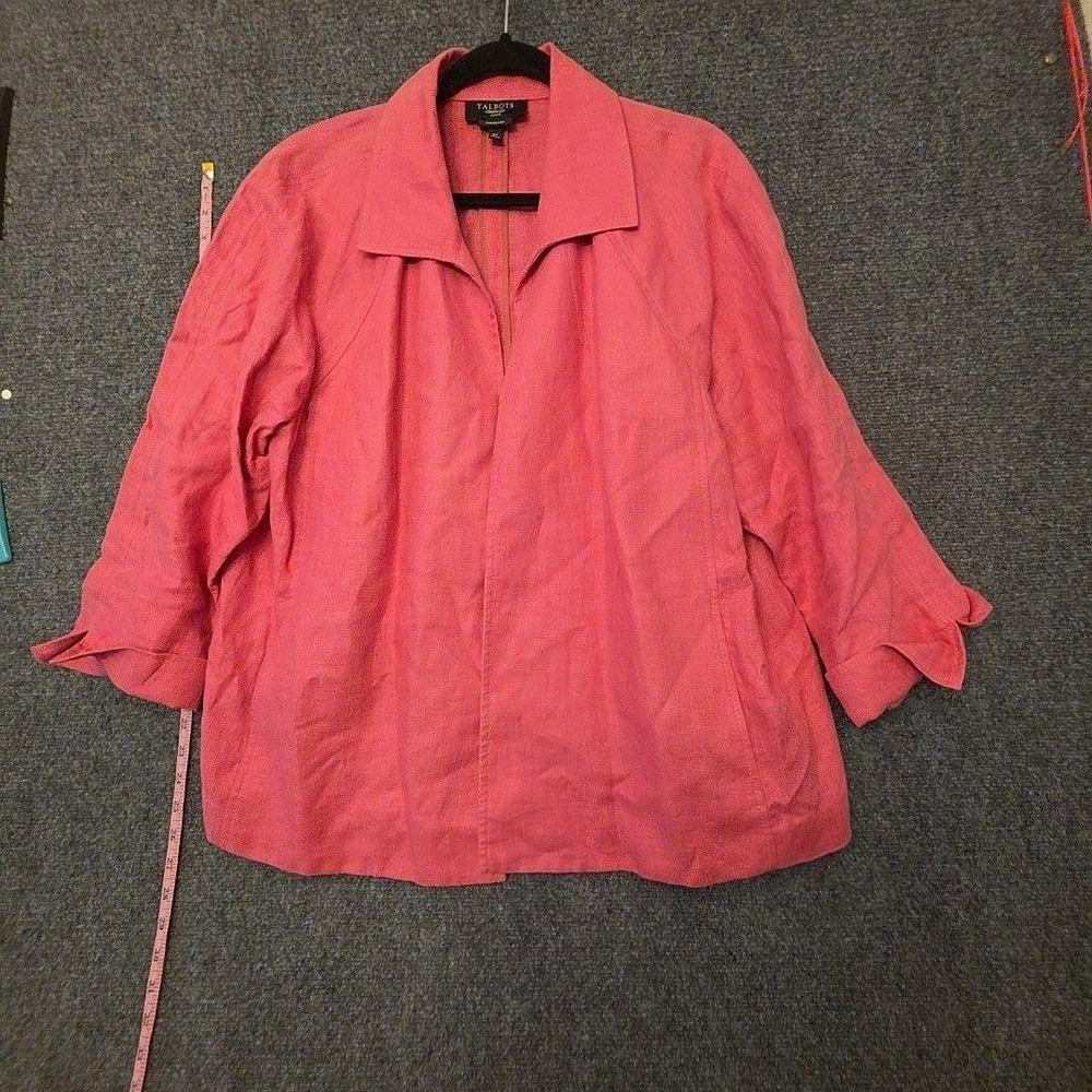 Talbots Jacket Womens 2X Pink Linen Twill Open Front Collared Unlined 3/4 Sleeve